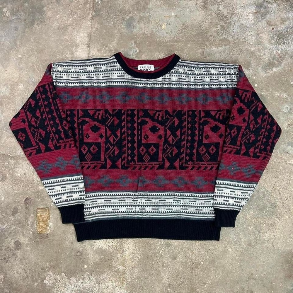 Vintage 90s Trend Basics Geometric Sweater Size XL Red Black Tribal Pullover